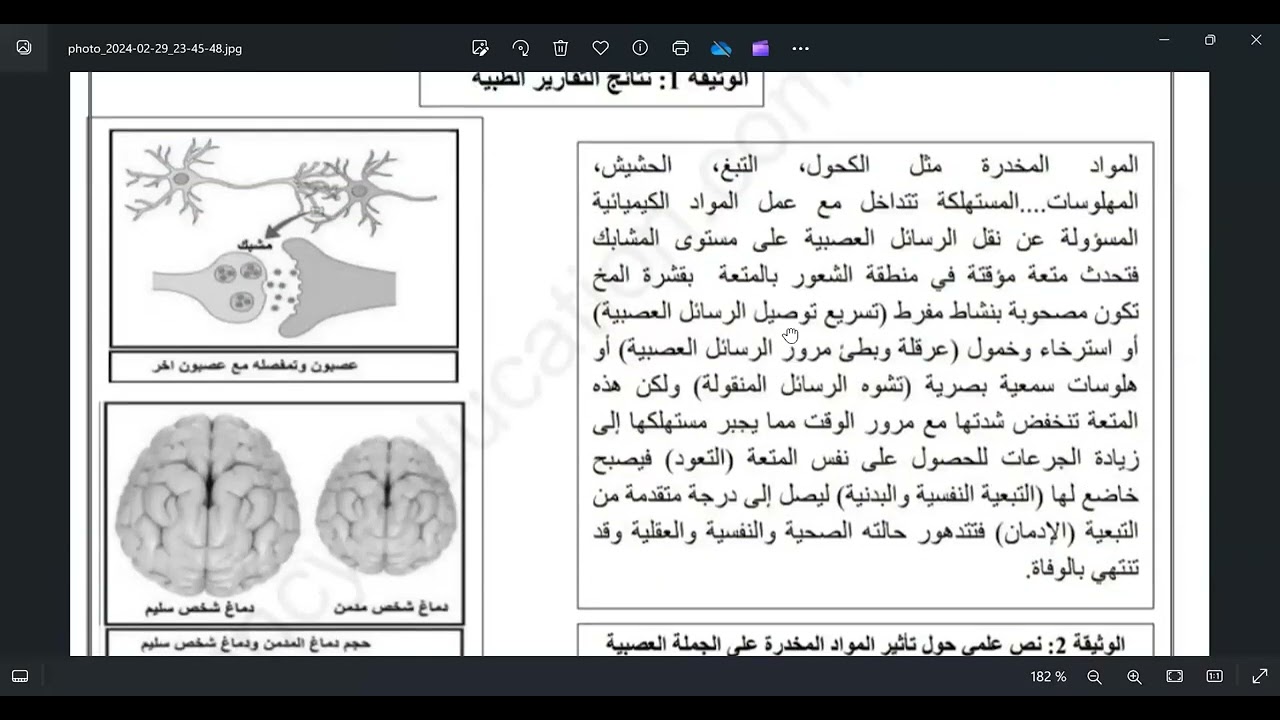 حل وضعية ادماجية حول الاتصال العصبي و المخدرات رابعة متوسط(حصة زووم مسجلة)