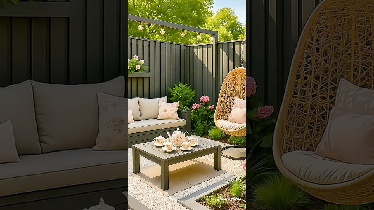 Elegant Patio with Hanging Chair & Floral Touch 