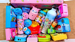 Unboxing Mega Fancy Stationery 📚, Pencil box, Water Bottle, Sharpener, Eraser, Desk Lamp, Geometry 