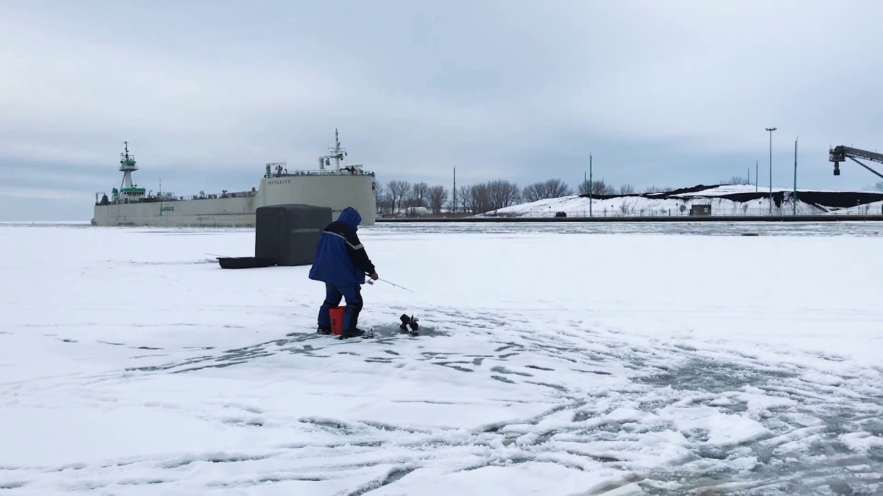 Saginaw River Ice fishing Freighter Bay City YouTube