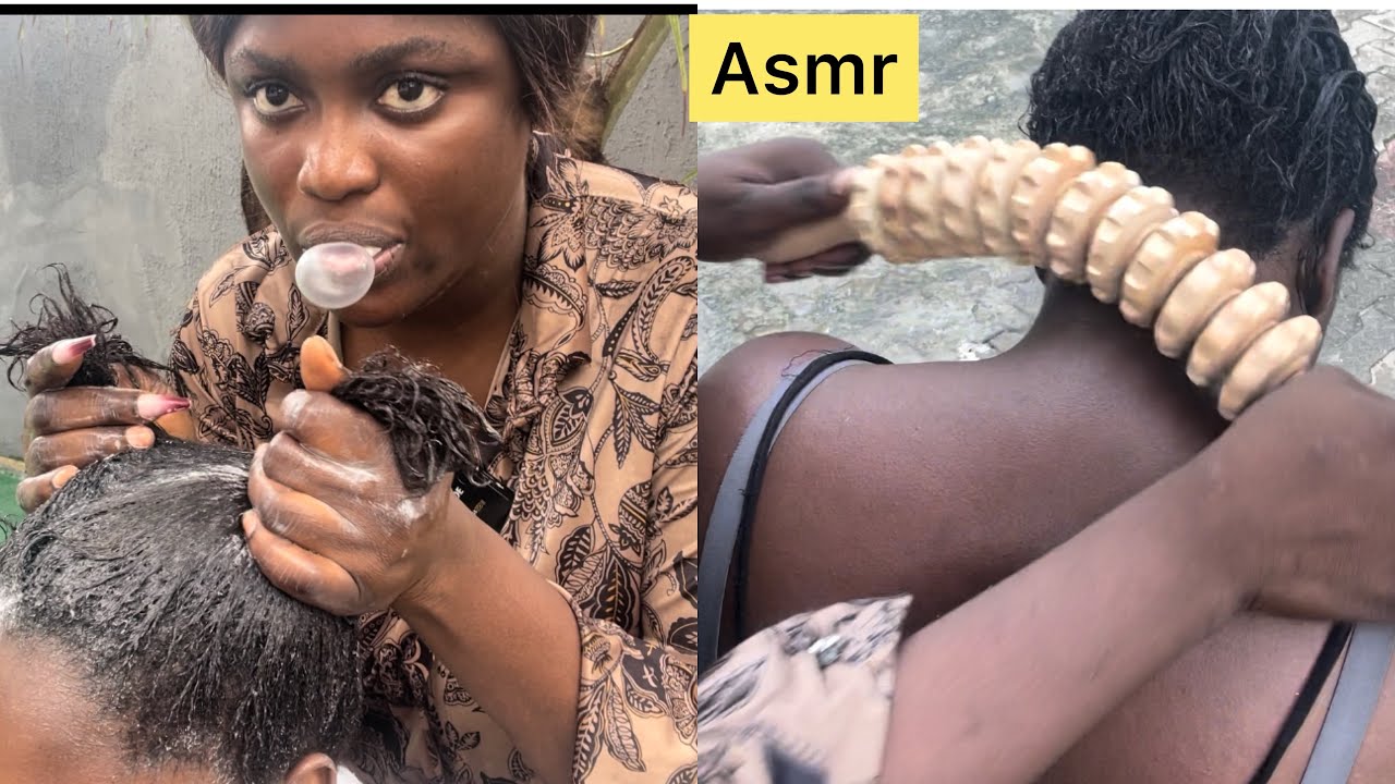 ASMR✨Outdoor hair shampoo massage and wood massage on my sister with gum cracking sound.