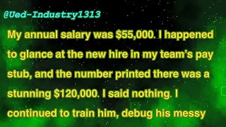 Details My annual salary was $55,000. I happened to glance at the new hire in my team’s pay stub, and the News