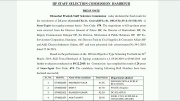 HPSSC Hamirpur Final Result of  Steno Typist 674 Post Code and Its Cutoff Wating Panel list
