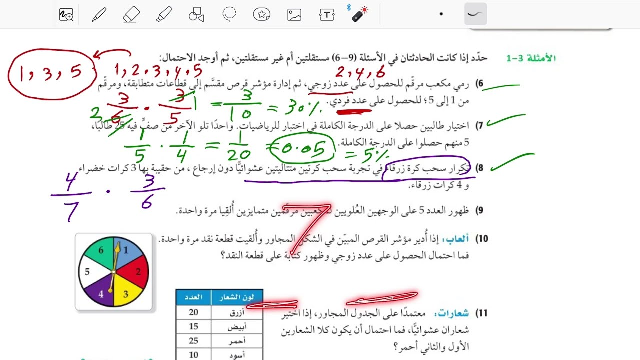 حل تأكد وتدرب على درس إحتمالات الحوادث المستقلة والحوادث الغير مستقلة / ثاني ثانوى عام ١٤٤٤ هـ
