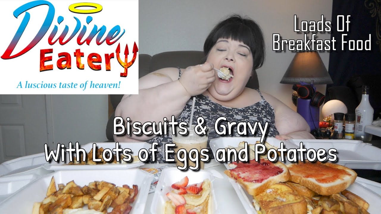 Divine Eatery Lots of Breakfast Biscuits & Gravy Potatoes & Eggs Mukbang