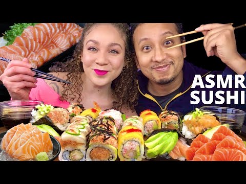 ASMR SUSHI RAW SALMON SASHIMI | HAND ROLLS| SUSHI MUKBANG| EATING SOUNDS| collab w @Cowgirl ASMR