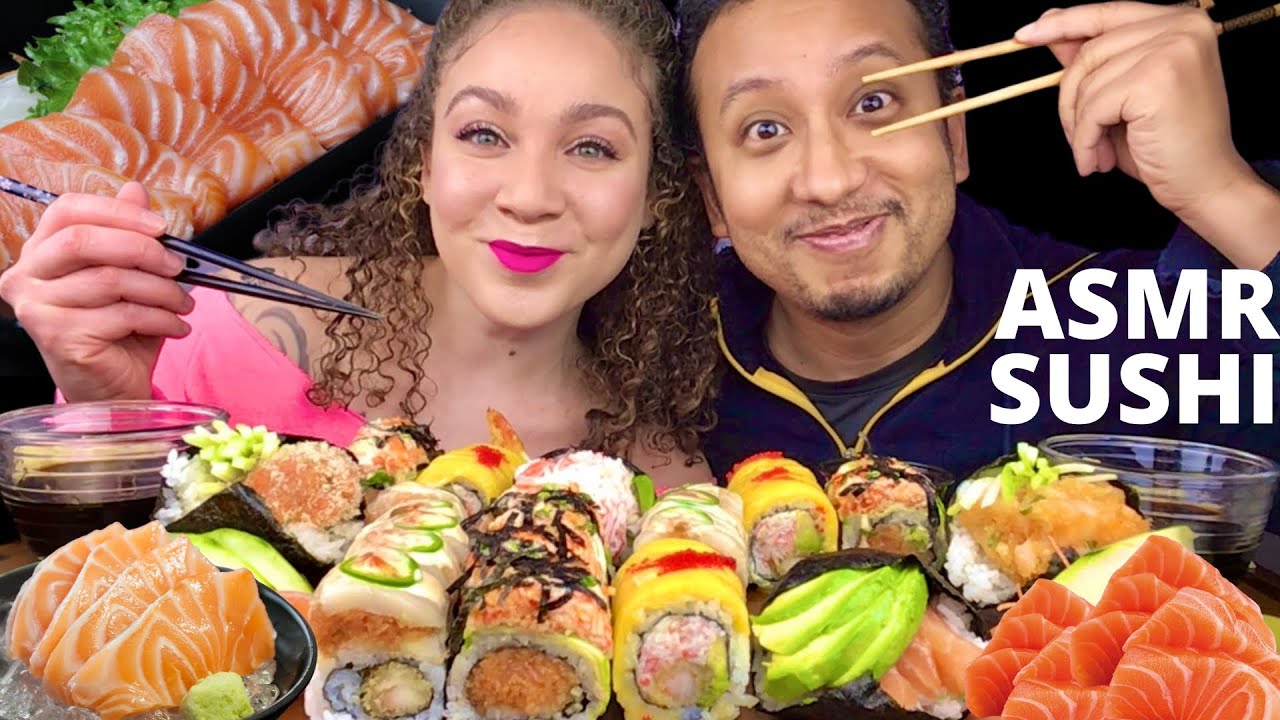 ASMR SUSHI RAW SALMON SASHIMI | HAND ROLLS| SUSHI MUKBANG| EATING SOUNDS| collab w @CowgirlASMR