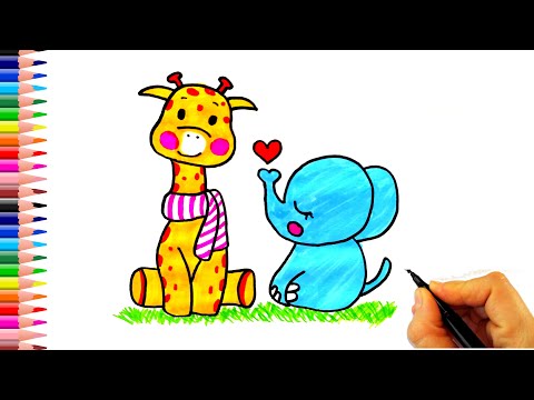 Sevimli Zürafa ve Fil Çizimi - Kolay Çizimler - How To Draw Giraffe and Elephant