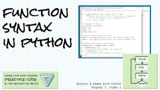 Function syntax in Python; Practice links below! Objects & Games w/ Python Ch 2 Video 1