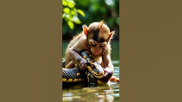 A baby monkey is attacked by a giant snake in water