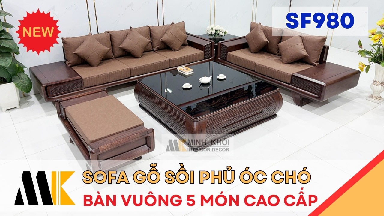 Sofa Gỗ Sồi Phủ Óc Chó Bàn Vuông 5 Món - SF980 | Minh Khôi