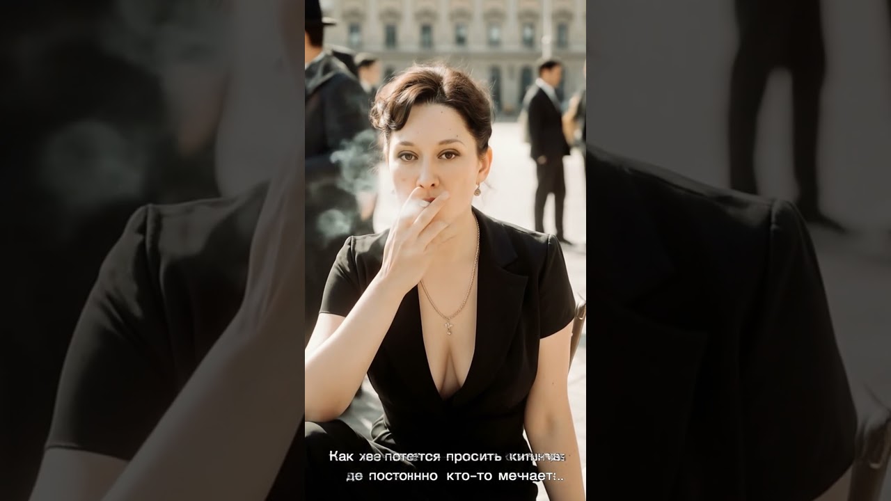 Russian woman smoking cigarette in public. 