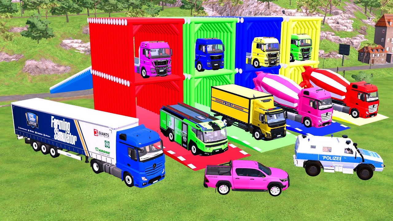 TRANSPORTING COLORFUL CONTAINER, MIXER TRUCK, KARA TRUCK, MERCY POLICE CARS, AMBULACE, FS22