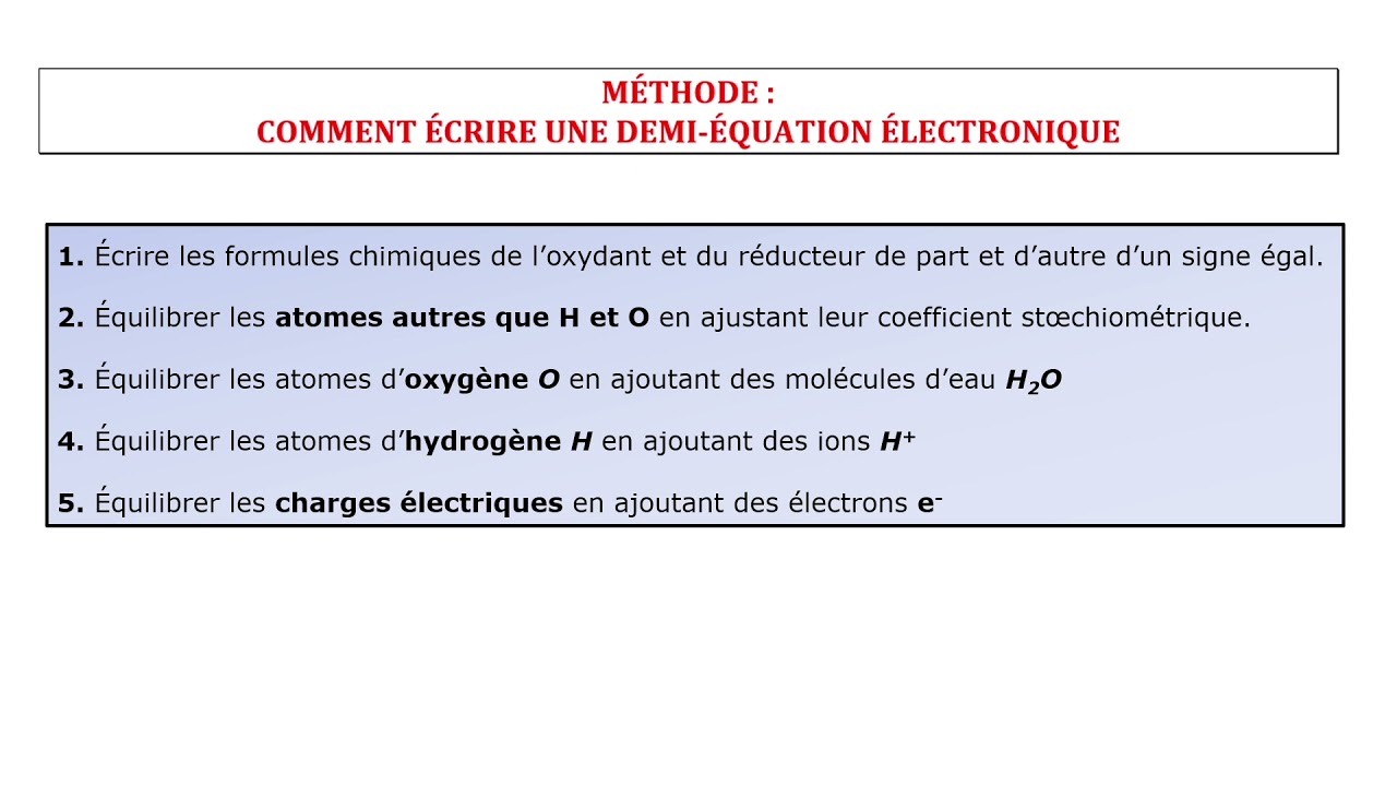 Méthode pour écrire les demi-équations électroniques associées aux couples redox