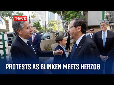 Watch live: Demonstrators gather outside the hotel where Blinken and Herzog are meeting in Tel Aviv