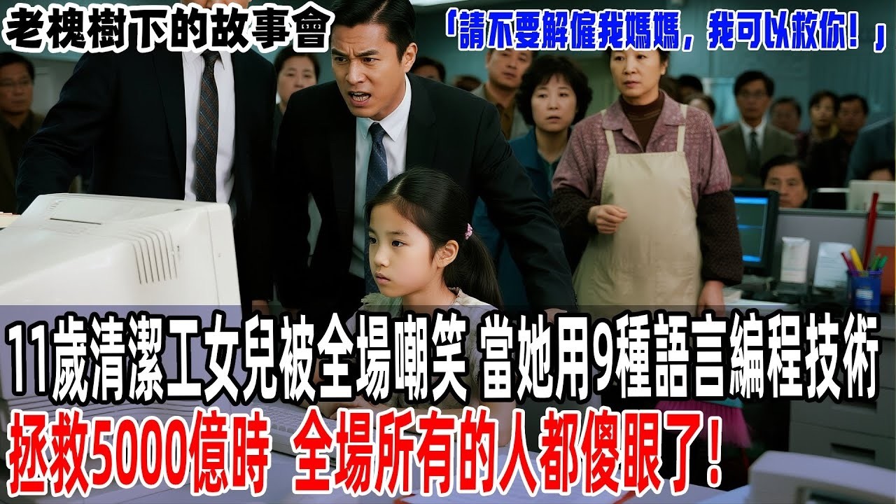 「請不要解僱我媽媽，我可以救你！」11歲清潔工女兒被全場嘲笑，當她用9種語言編程技術拯救5000億時，全場所有的人都傻眼了！【老槐樹下的故事會】#情感故事 #老年生活#故事分享 #故事#原創#爽