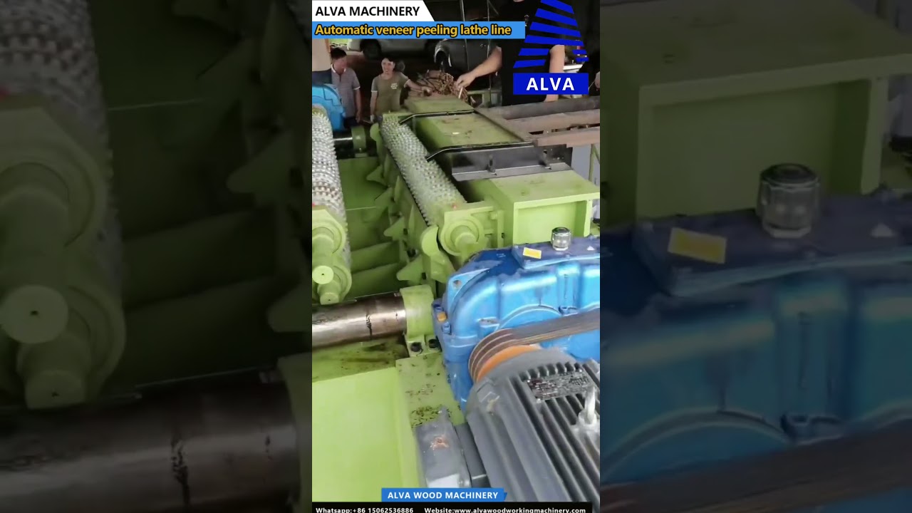 Made in China, log peeling machine.  Demonstration of the production process.