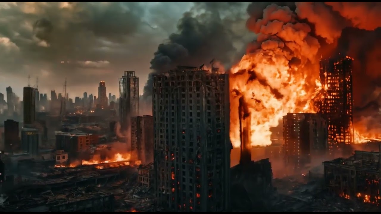 Free Stock Videos - AI animation - dystopian apocalyptic mega city burning to destruction on fire