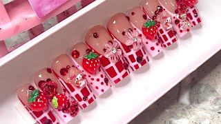 My Melody Strawberry Picnic Nails 🍓🧺❣️| CUTE press on nails tutorial ! Beginner friendly nail art