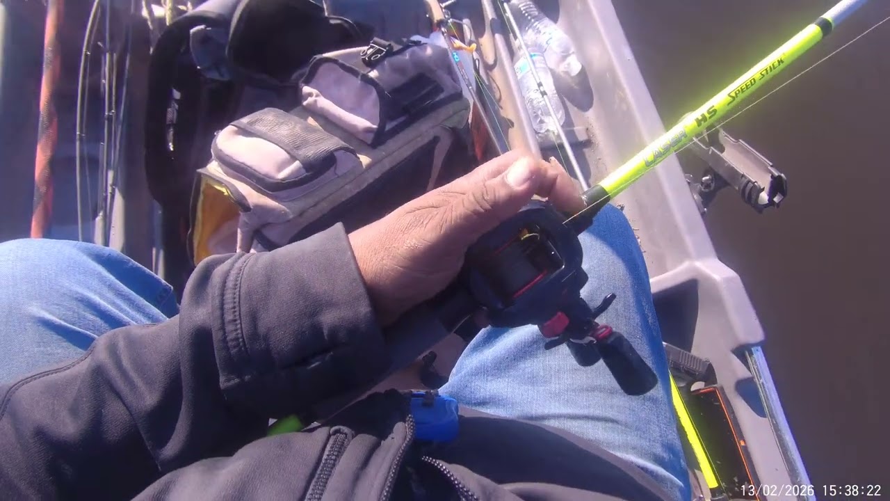 Bass fishing with TKW in my Sun Dolphin 8, equipped with an Autoboat smart head, in February.