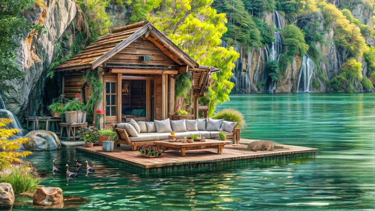 Tranquil Lakeside Cabin 4K 🌲 | Emerald Water, Waterfall & Calm Nature Ambience for Relaxation