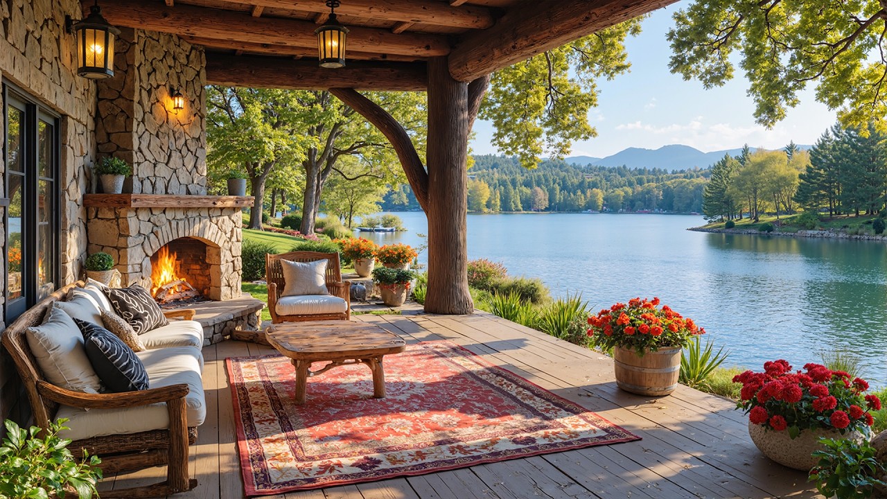 Tranquil Piano in Cozy Spring Porch Ambience 🌺 | Fireplace Sounds for Relaxation