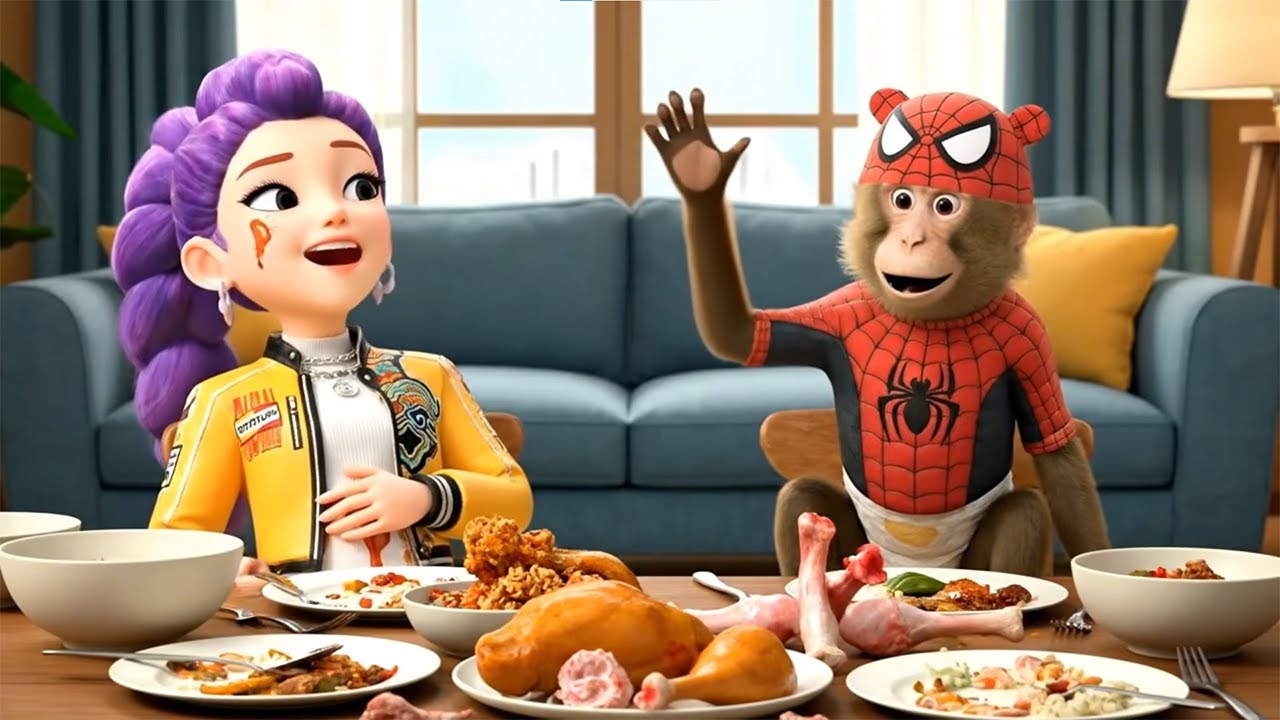 Super Cute Monkey Mukbang Fried Chicken with K-Pop Demon Hunters 🍗