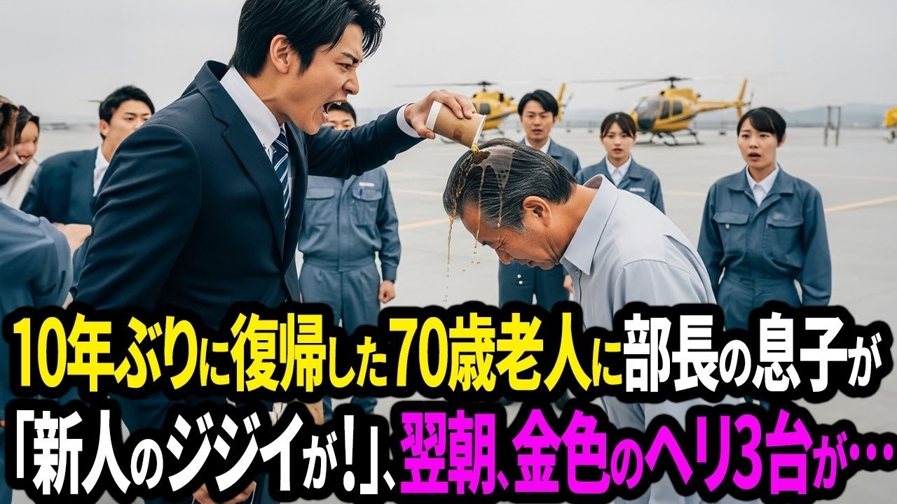10年ぶりに復帰した70歳老人に部長の息子が「新人のジジイか！コーヒー買ってこい」と罵倒。翌朝屋上に金色のヘリが！実は老人は・・・【面白きかな人生】