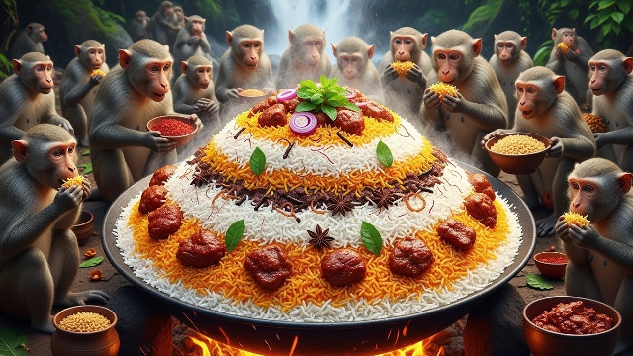 बंदरों ने मिलकर बनाया "Hyderabadi Dum Biriyani"! 😮🔥 | Jungle Cooking: 7 Monkeys Biriyani Feast