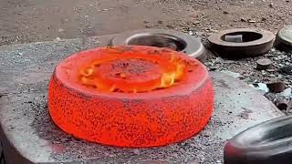 the entire process of forging the wheels of motor vehicles with cylindrical iron blocks