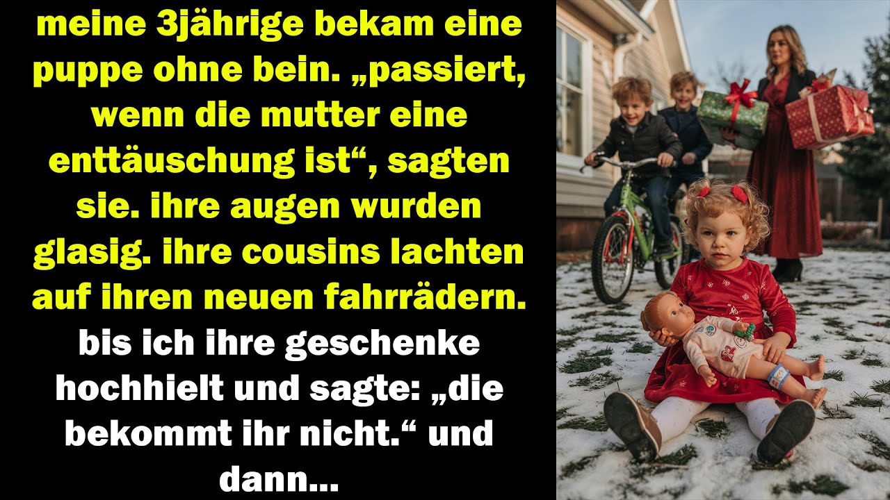 Das Lächeln meiner dreijährigen Tochter erstarb, als meine Mutter ihr an Heiligabend eine kaputte Puppe mit nur einem Bein reichte und laut sagte: „Das passiert eben, wenn deine Mutter eine...