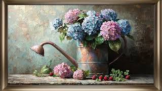 Vintage Watering Can and Blooming Hydrangeas Digital Home Decor