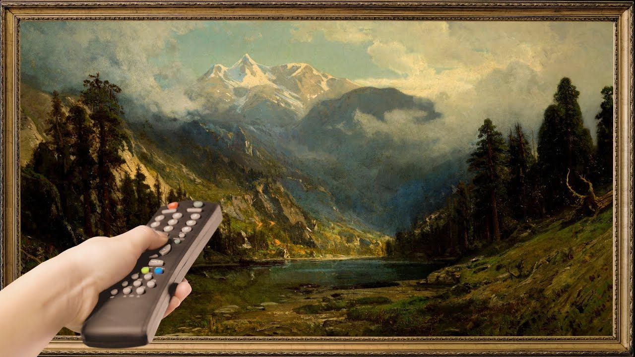 Frame TV Art Screensaver 4K. Vintage Mountain Landscape Painting Wallpaper Background. No Sound