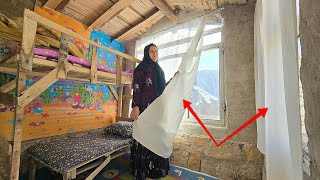 Installing shelter curtains: A nomadic lady's luxurious and warm home