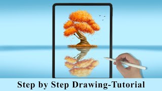 Autumn Tree by the Lake, Fall colors iPad Procreate Drawing - Step by Step Drawing Tutorial