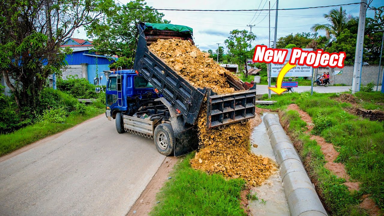 Start a New Project! Delete Drain Flooded by KOMATSU Dozer D20P & 5T Truck Pushing Stone Into Water