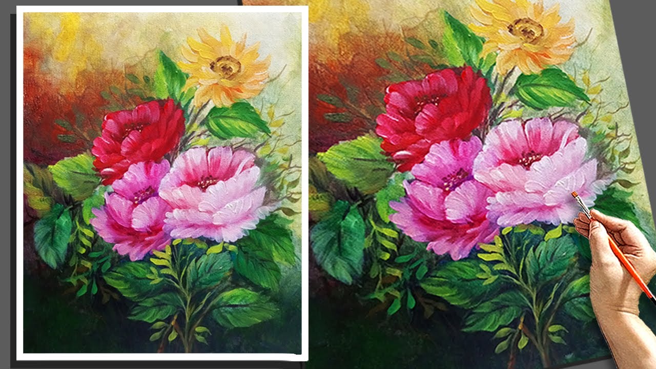 Easy Flowers painting StepbyStep Acrylic painting for beginners YouTube