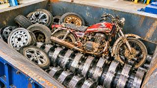 Giant Industrial Shedder vs Motorcycle with Engine! | Metal Shredder Machine