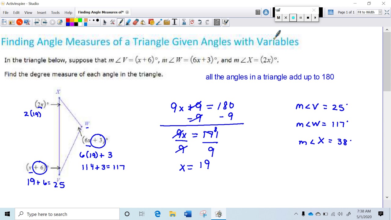 Writing an Equation to Find Angle Measures of a Triangle Given