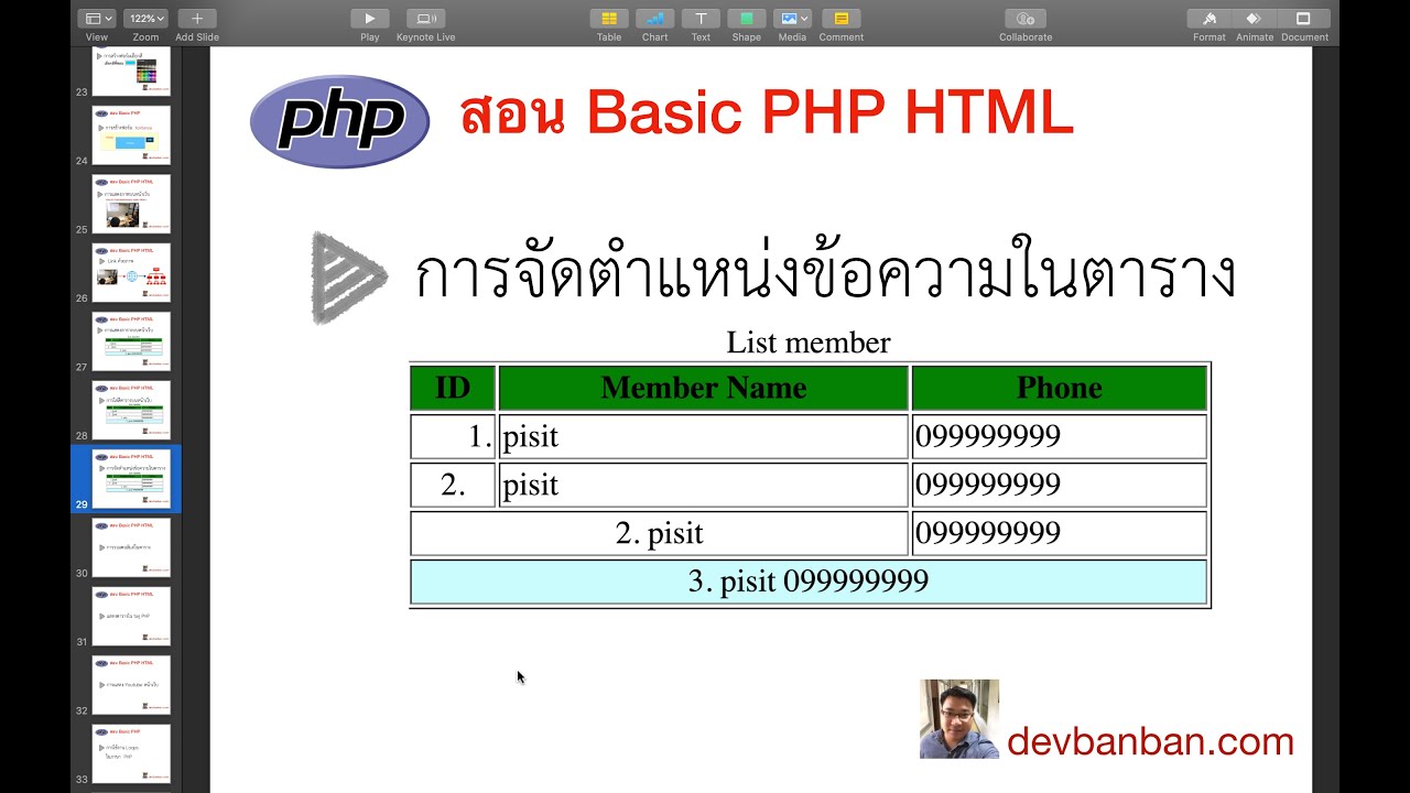 สร้าง ตาราง php  Update  สอน PHP HTML  TABLE  การจัดตำแหน่งข้อความในตาราง (สอนทำเว็บฟรี)