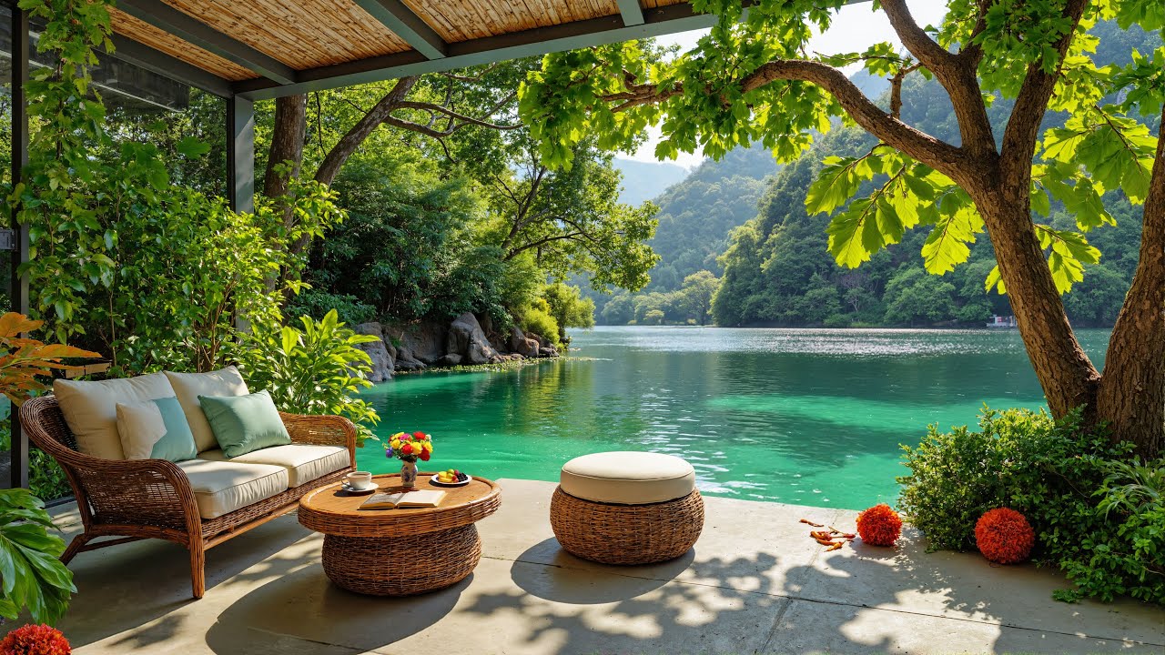 🏡Cozy Lakeside Terrace Jazz | Bright Emerald Lake Ambience & Smooth Jazz for Peaceful Moments
