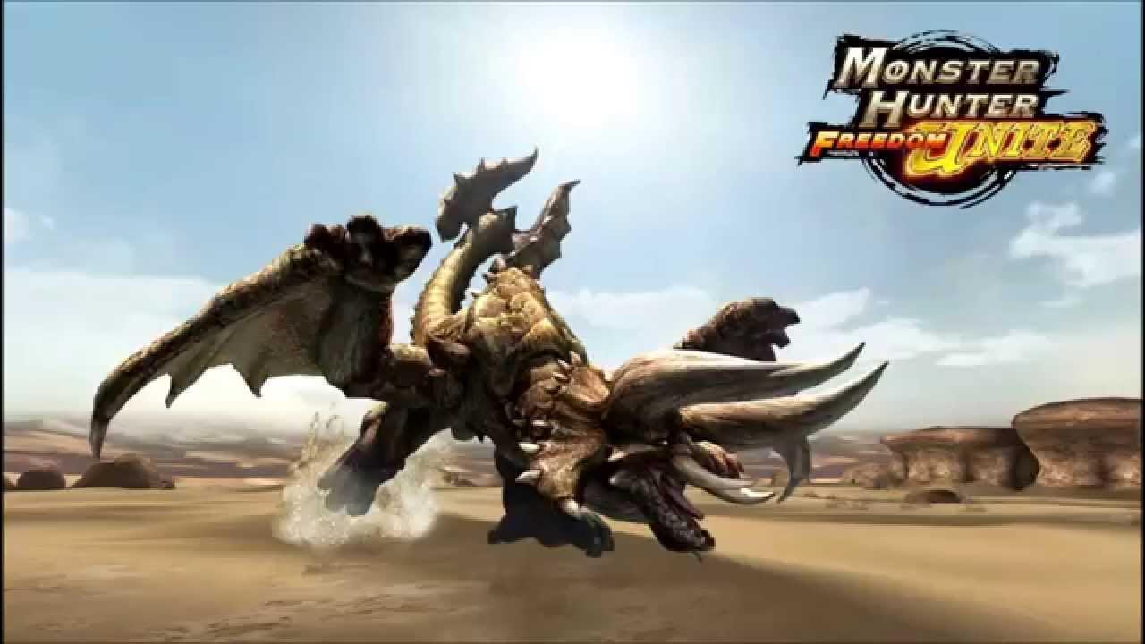 Monster hunter diablos battling with a warrior in the desert