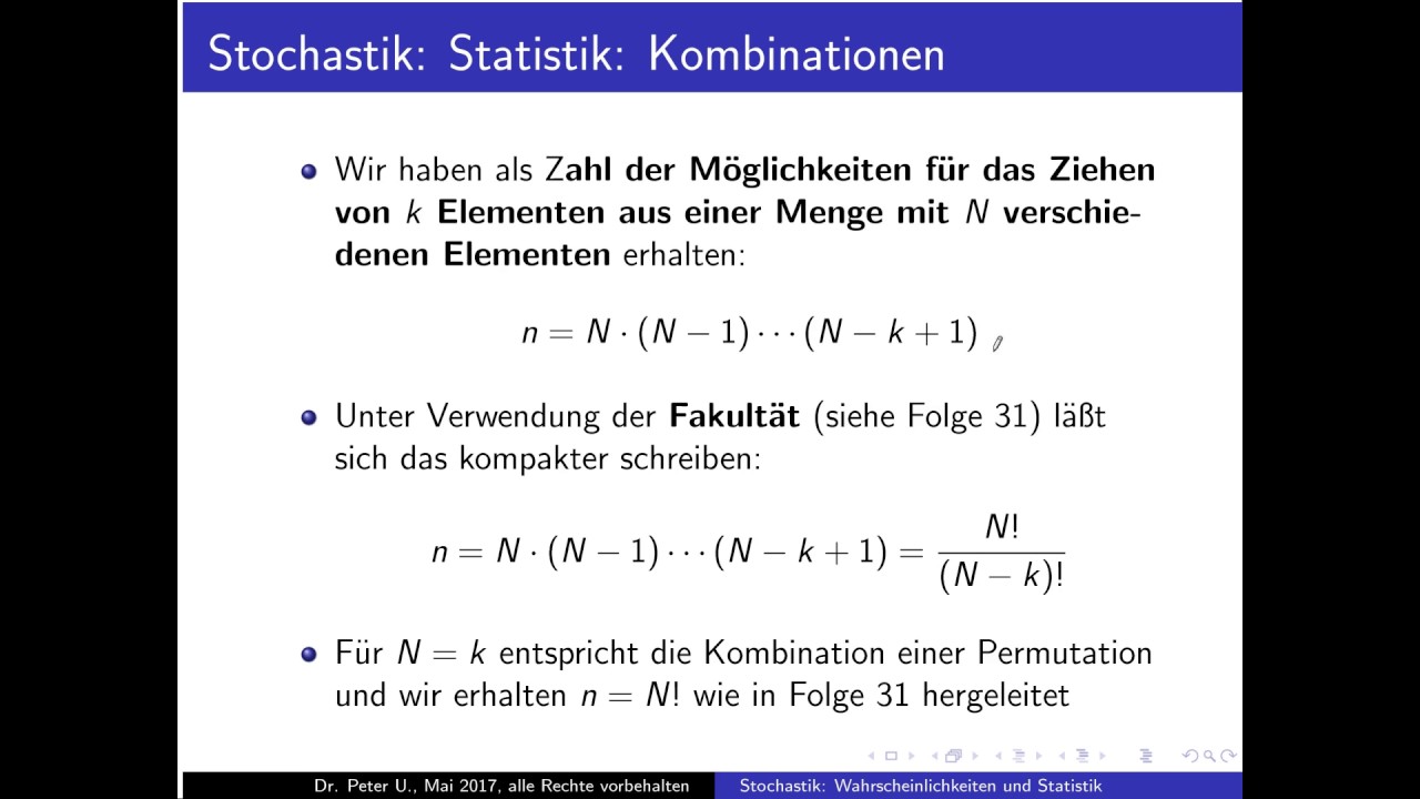 Stochastik Teil 33: Kombinationen ohne Wiederholung / Reihenfolge ...