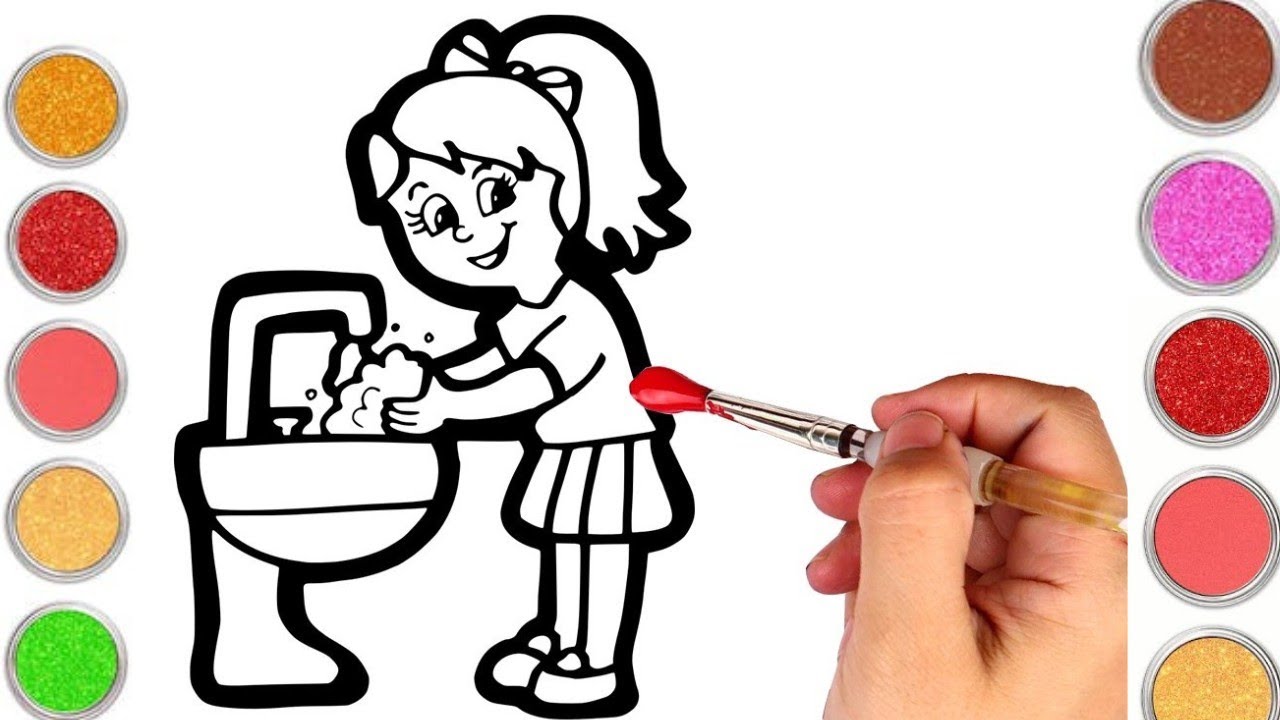 Drawing 🌈 and coloring a girls washing her hands || drawing for kids ...