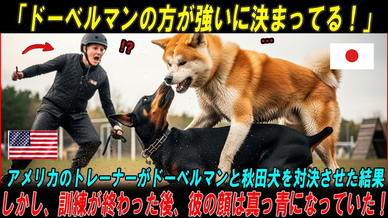 「ドーベルマンの方が強いに決まってる！」――アメリカのトレーナーが秋田犬とドーベルマンに訓練対決をさせた結果…その結末に誰もが衝撃！【海外の反応】#海外の反応  #海外の話 #海外の感動話  #秋田犬