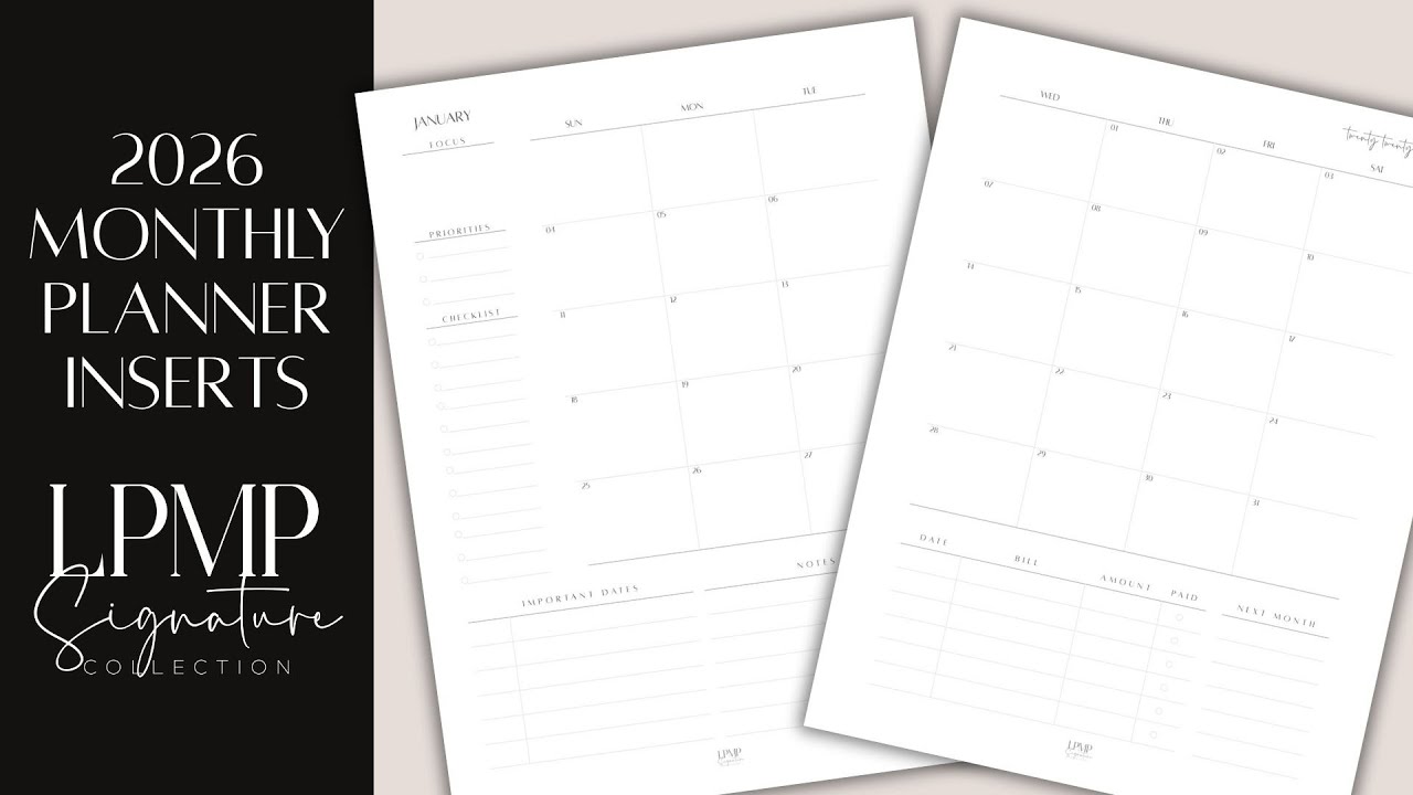 2026 Monthly Planner Inserts | Premium 32lb Smooth Paper