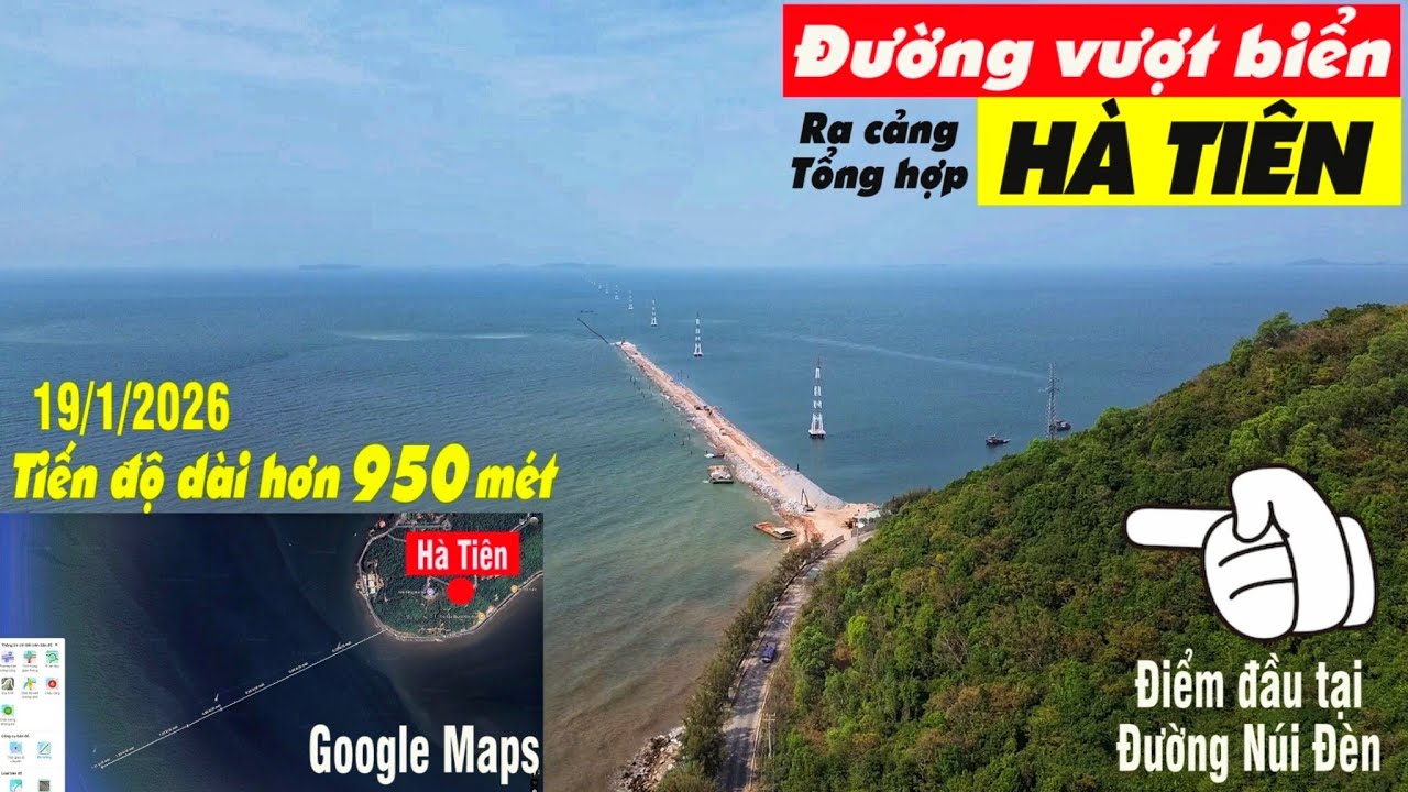 Tiến độ đường vượt biển ra cảng Hà Tiên dài hơn 950 mét (đo bằng bản đồ VỆ TINH SENTINEL)
