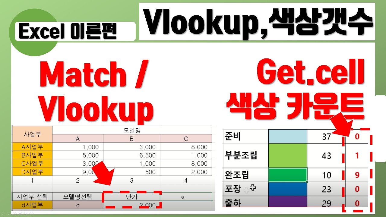 엑셀 배우기 (엑셀 필수함수 Match, Vlookup, Get.Cell 색상카운트) - YouTube