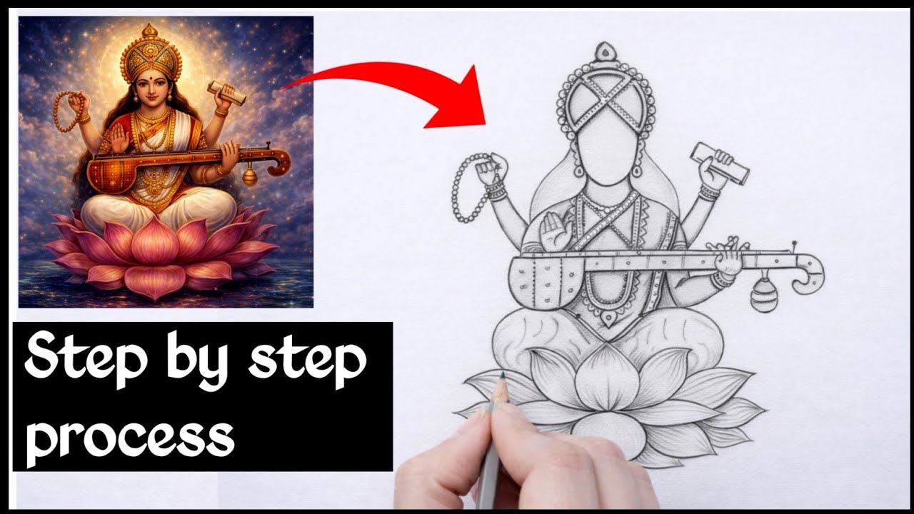 How to draw Saraswati Devi Drawing |Vasant Panchmi Drawing l Easy Saraswati Maa drawing 