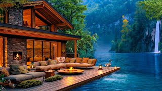 Cozy Lake House Porch in Summer Ambience with Soothing Jazz Piano Music & Fireplace Sounds for Relax